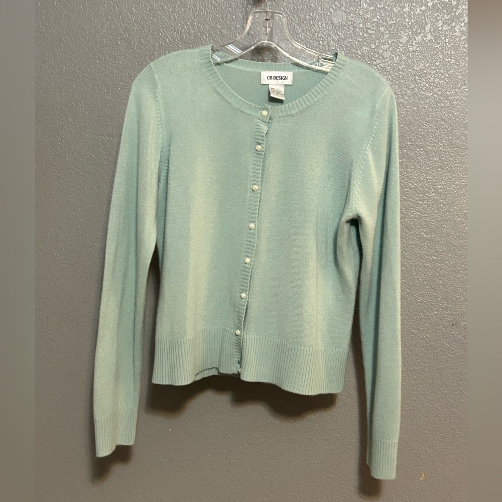 Vintage Seafoam Green Cardigan with Faux Pearl Buttons Size M